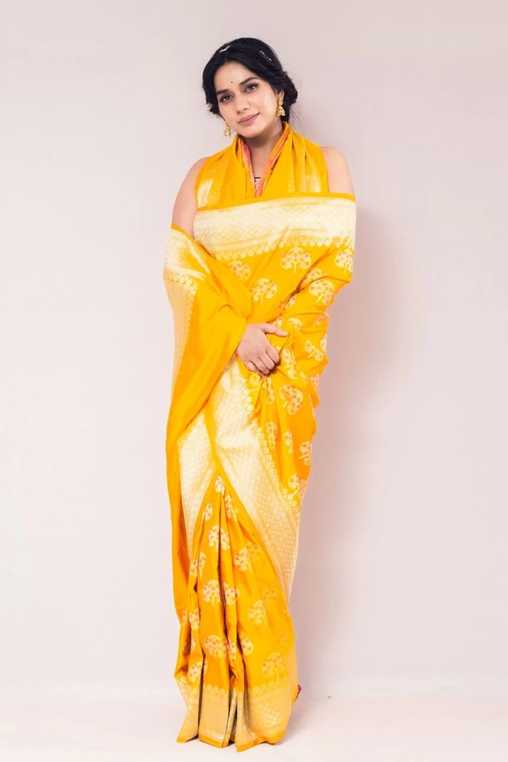 Alluring Yellow Mushroo Silk Saree