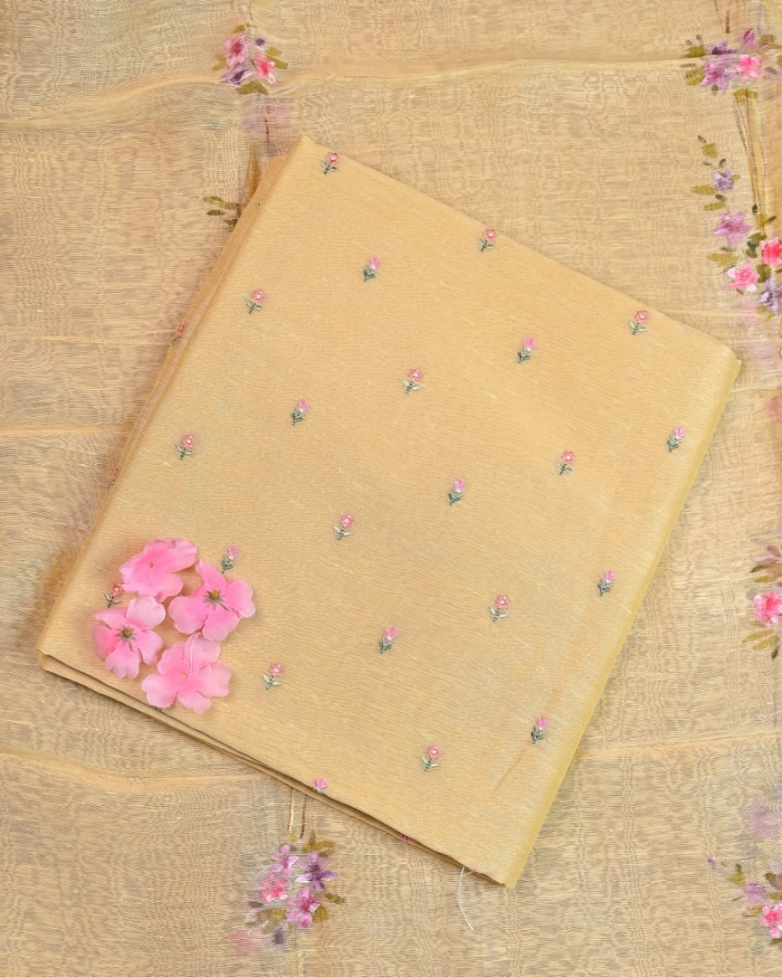 Unstitched Suit Set Hand Paint Linen silk dupatta, embroidered linen silk Shirt & Chanderi silk bottom in Peach Colour