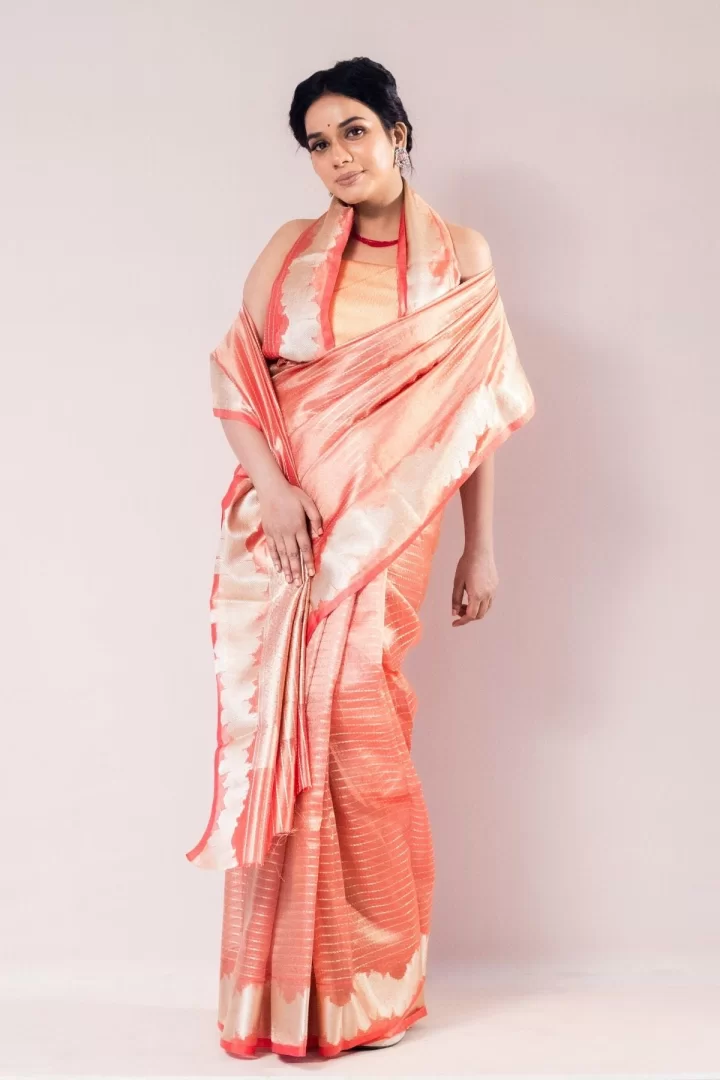 Charming Red Tissue Strip Weave Saree