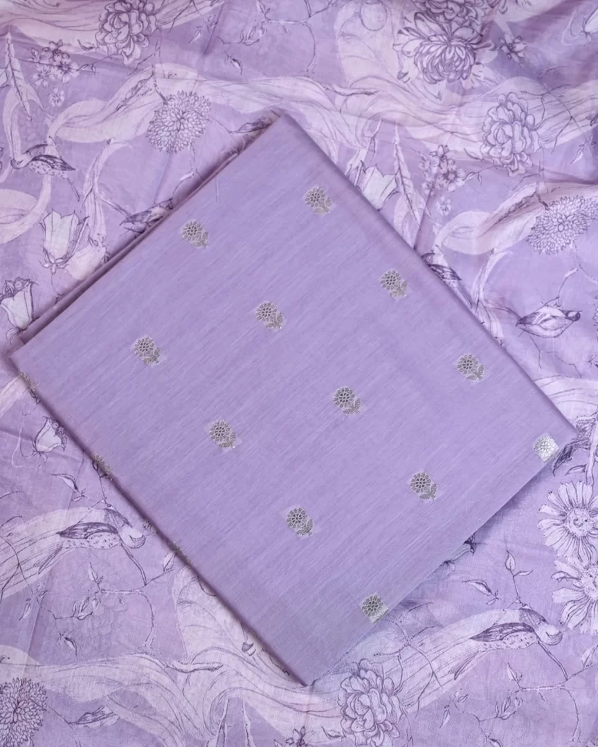 Delicate Purple Unstitched Suit Set - Mal chanderi digital print dupatta with chanderi booti shirt
