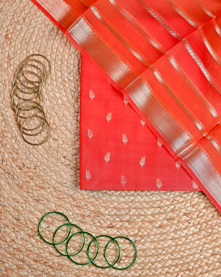 Organza Dupatta with Chanderi Booti Shirt & Chanderi Bottom Unstitched Suit Set