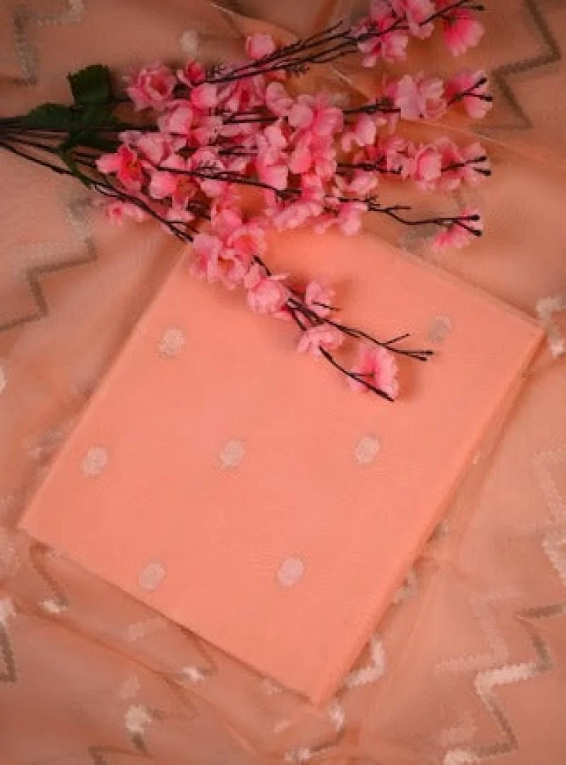 Peach Organza Silk Unstitched Suit Set with Chanderi–Organza Dupatta