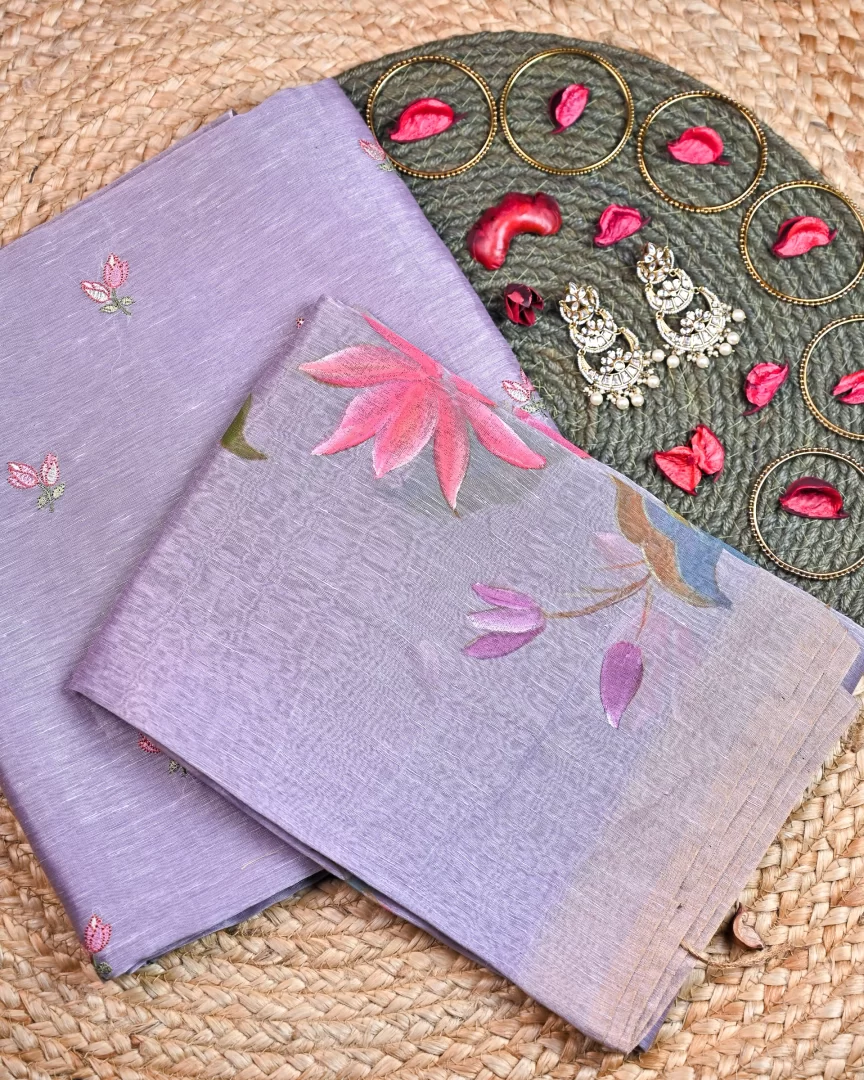 Unstitched Suit Set Hand Paint Linen silk dupatta, embroidered linen silk Shirt Chanderi silk bottom