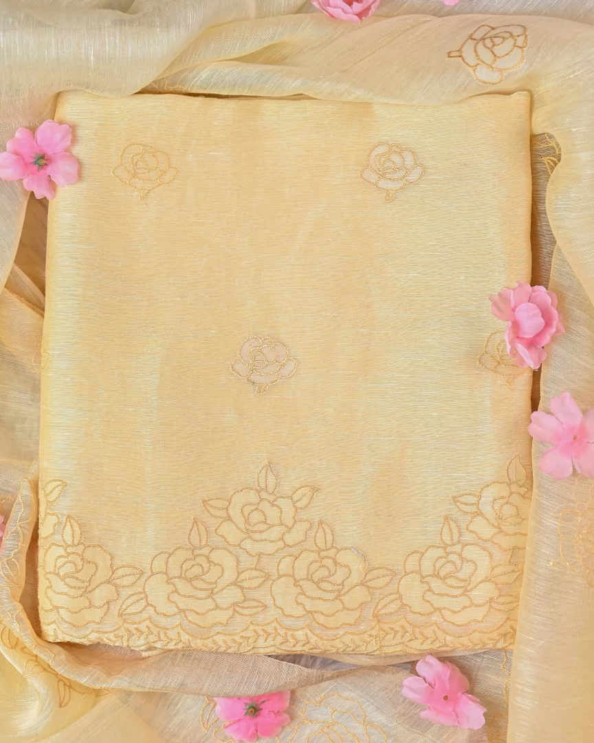 Beige Unstitched suit set - Linen silk dupatta, embroiderd shirt linen silk with chanderi silk bottom