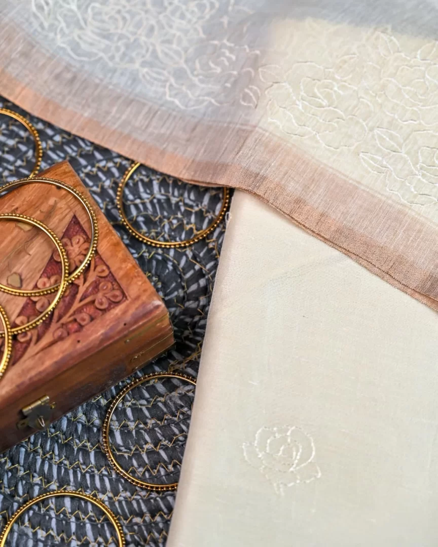 Opulent Ivory Unstitched suit set - Linen silk dupatta, embroiderd shirt linen silk with chanderi silk bottom