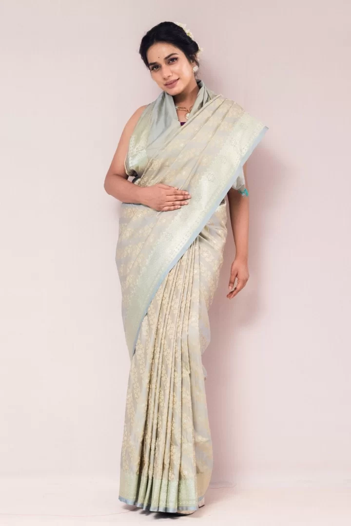 Dusty Pista Mushroo Banarasi Silk Saree