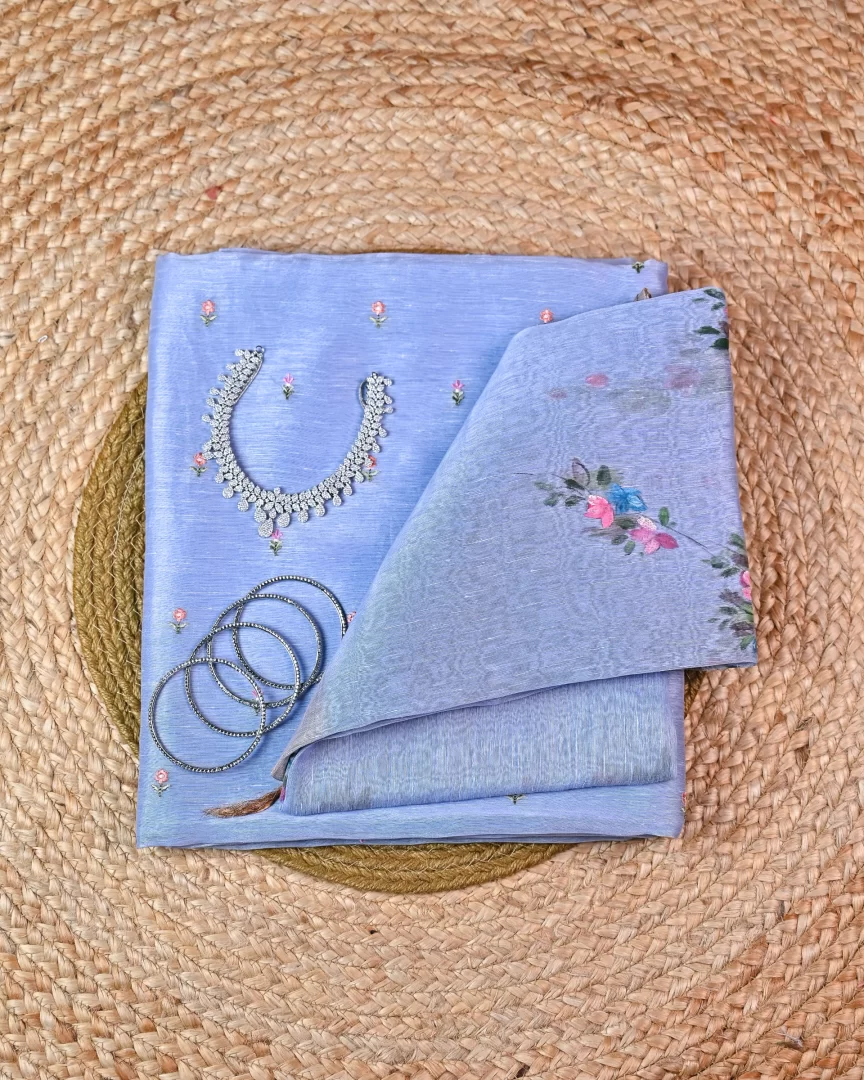 Sky blue Unstitched Suit Set - Hand Paint Linen silk dupatta, embroidered linen silk Shirt & chanderi silk bottom