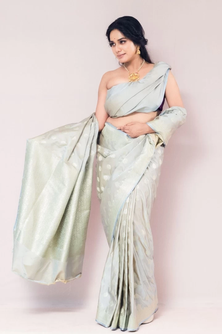 Dusty Pista Mushroo Silk Banarasi Saree