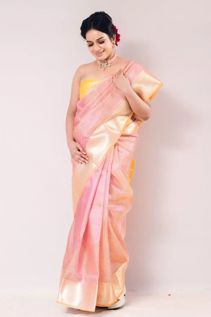 Sophisticated Pink Tissue Strip Saree