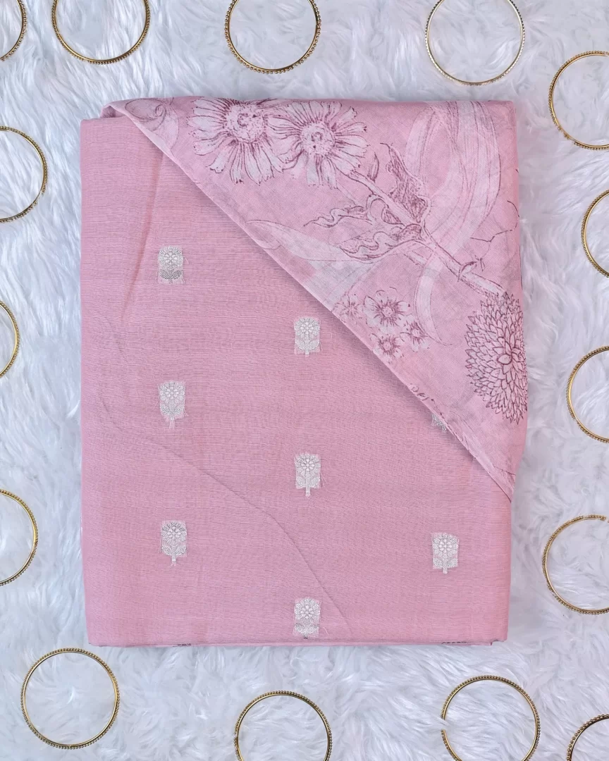 Light Pink Unstitched Suit Set - Mal chanderi digital print dupatta with chanderi booti shirt