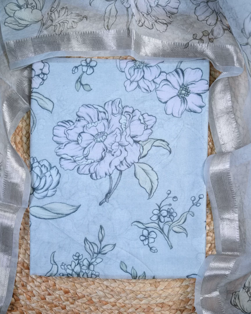 Powder Blue Digital Print Organza Silk Unstitched Suit Set