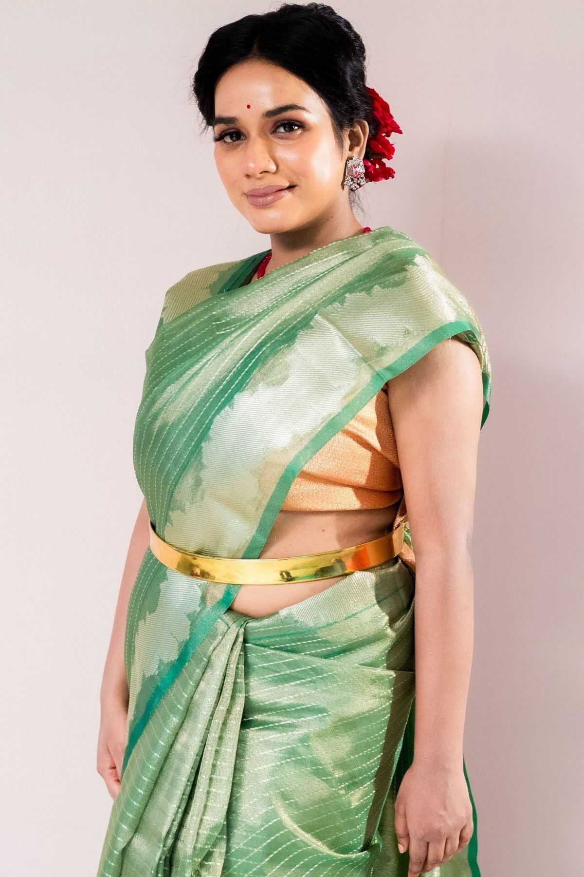 Green Tissue Strip Weave Saree