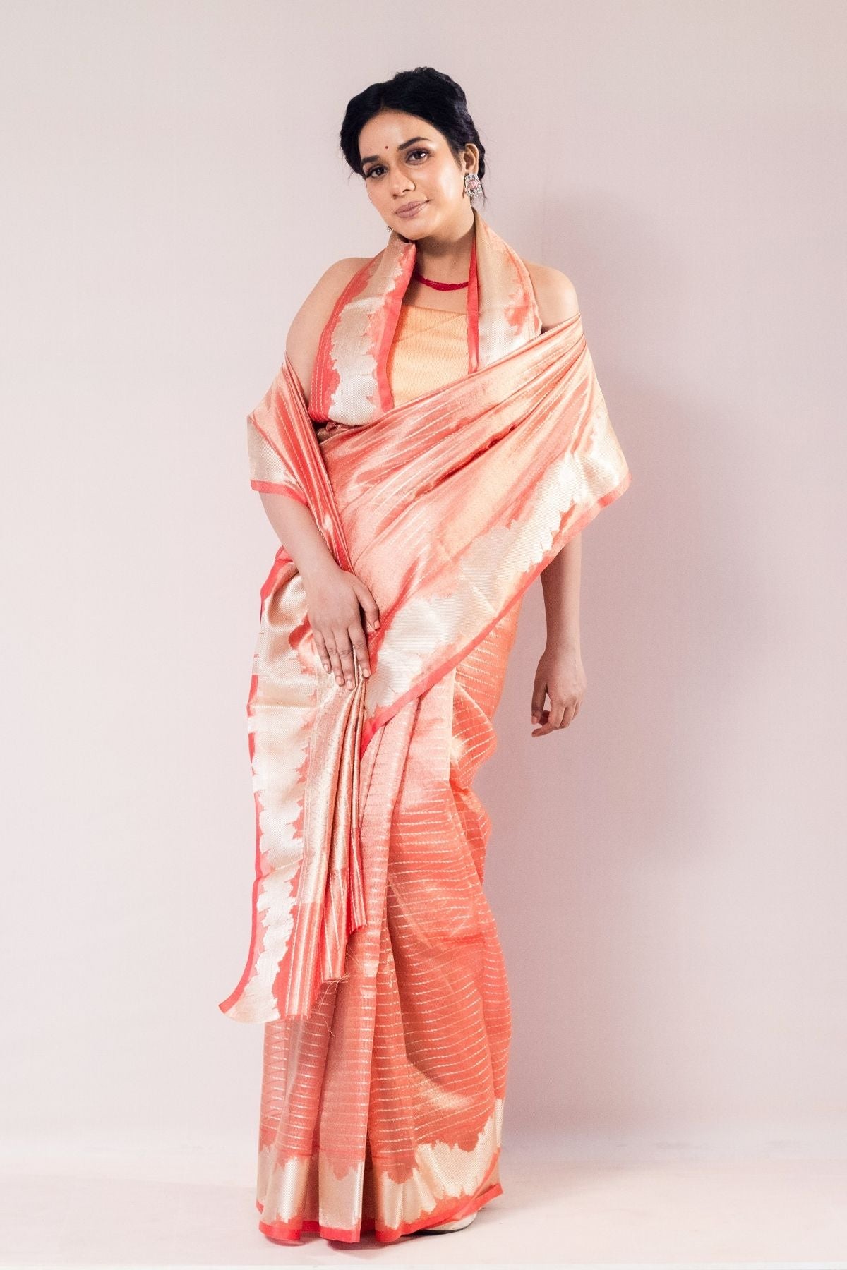 Red Tissue Strip Weave Saree