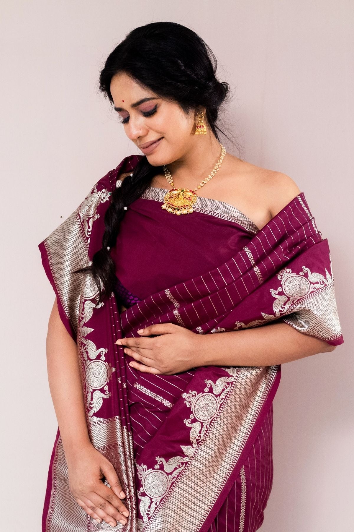 Wine Color Mushroo Silk Saree