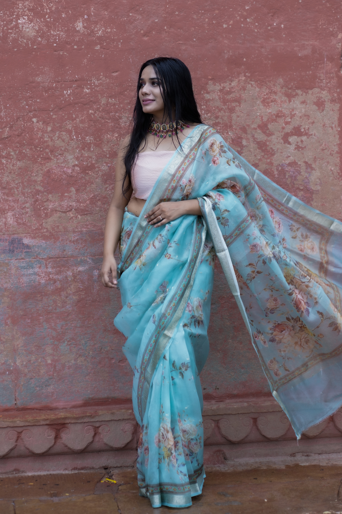 Sky Blue Floral Print Organza Silk Saree