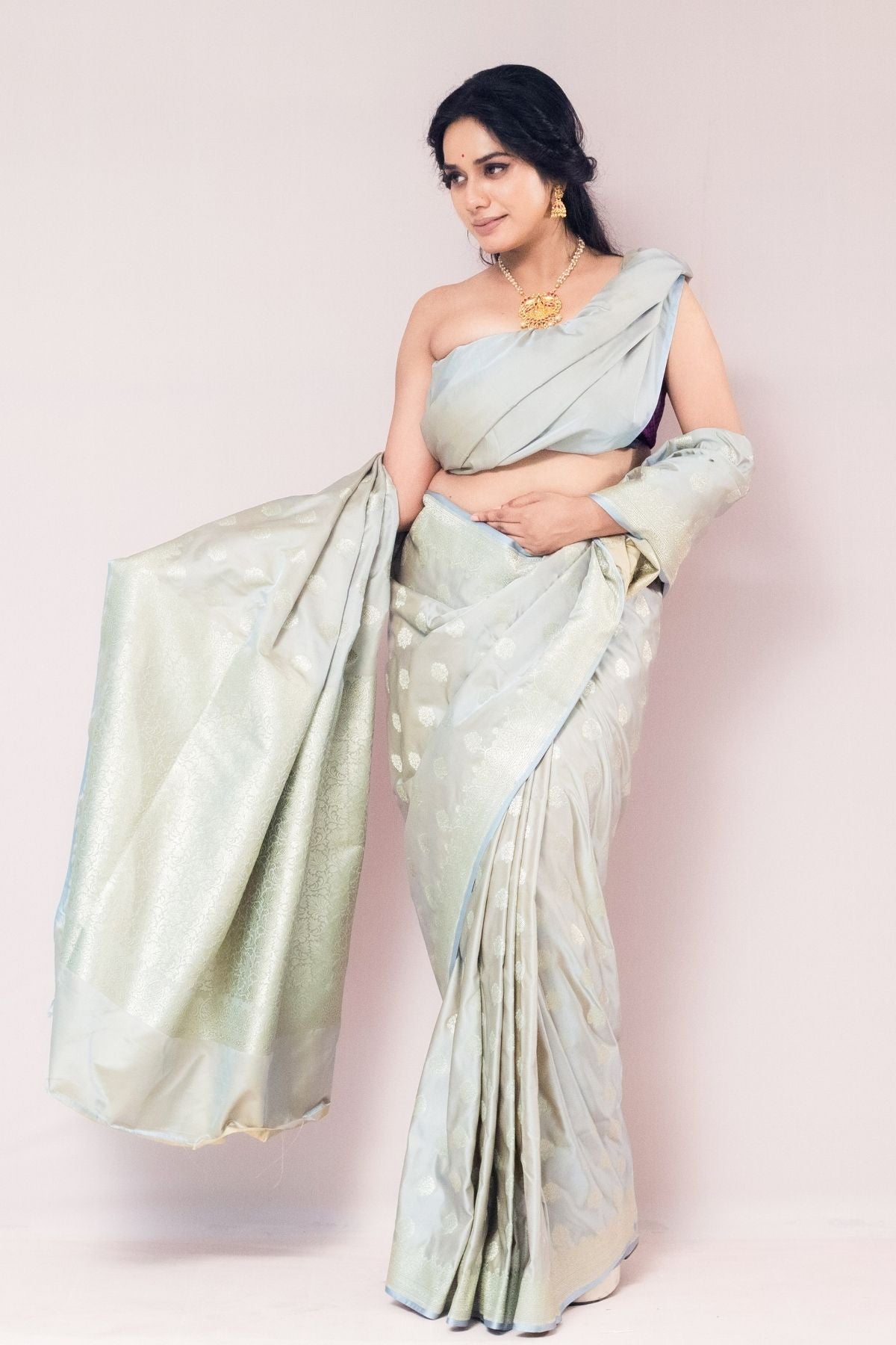 Dusty Pista Mushroo Silk Banarasi Saree