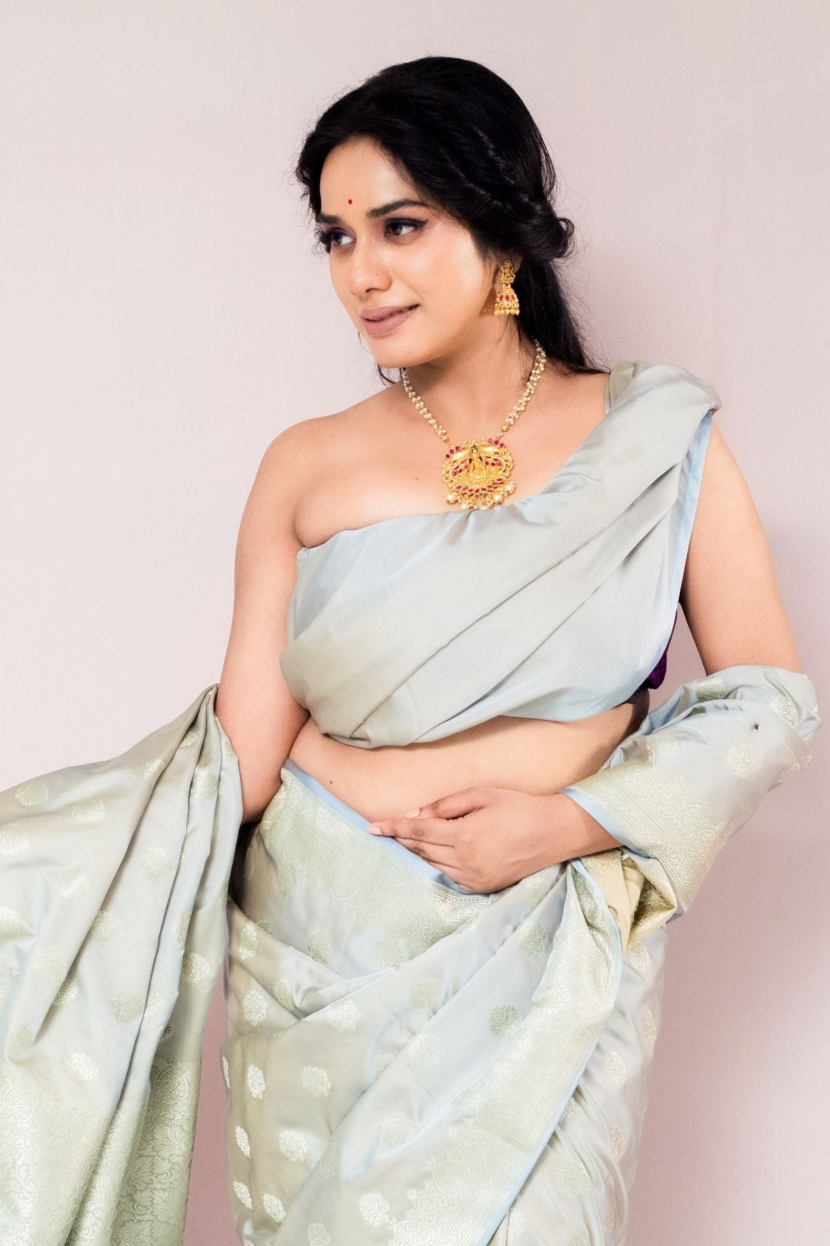 Dusty Pista Mushroo Silk Banarasi Saree