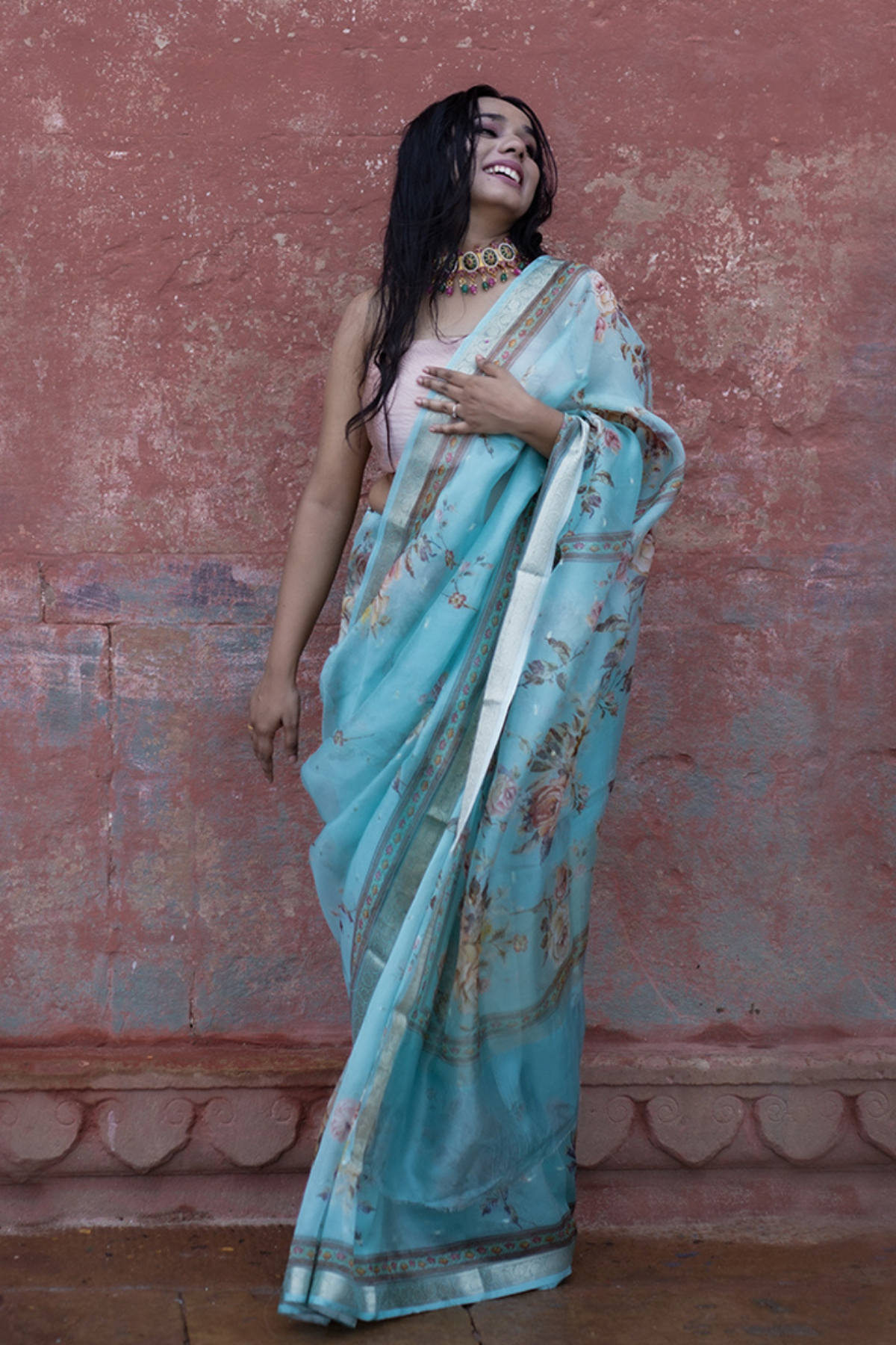 Sky Blue Floral Print Organza Silk Saree