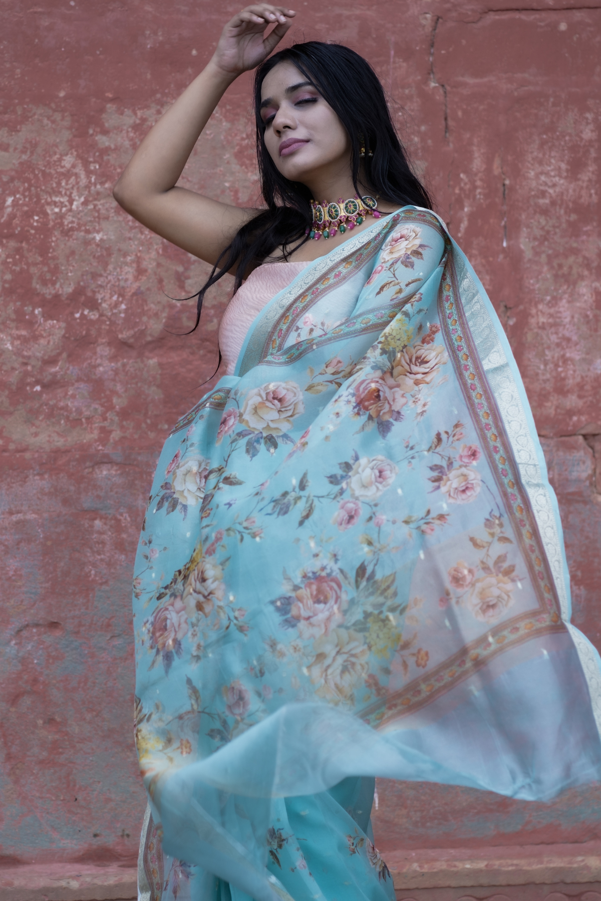 Sky Blue Floral Print Organza Silk Saree
