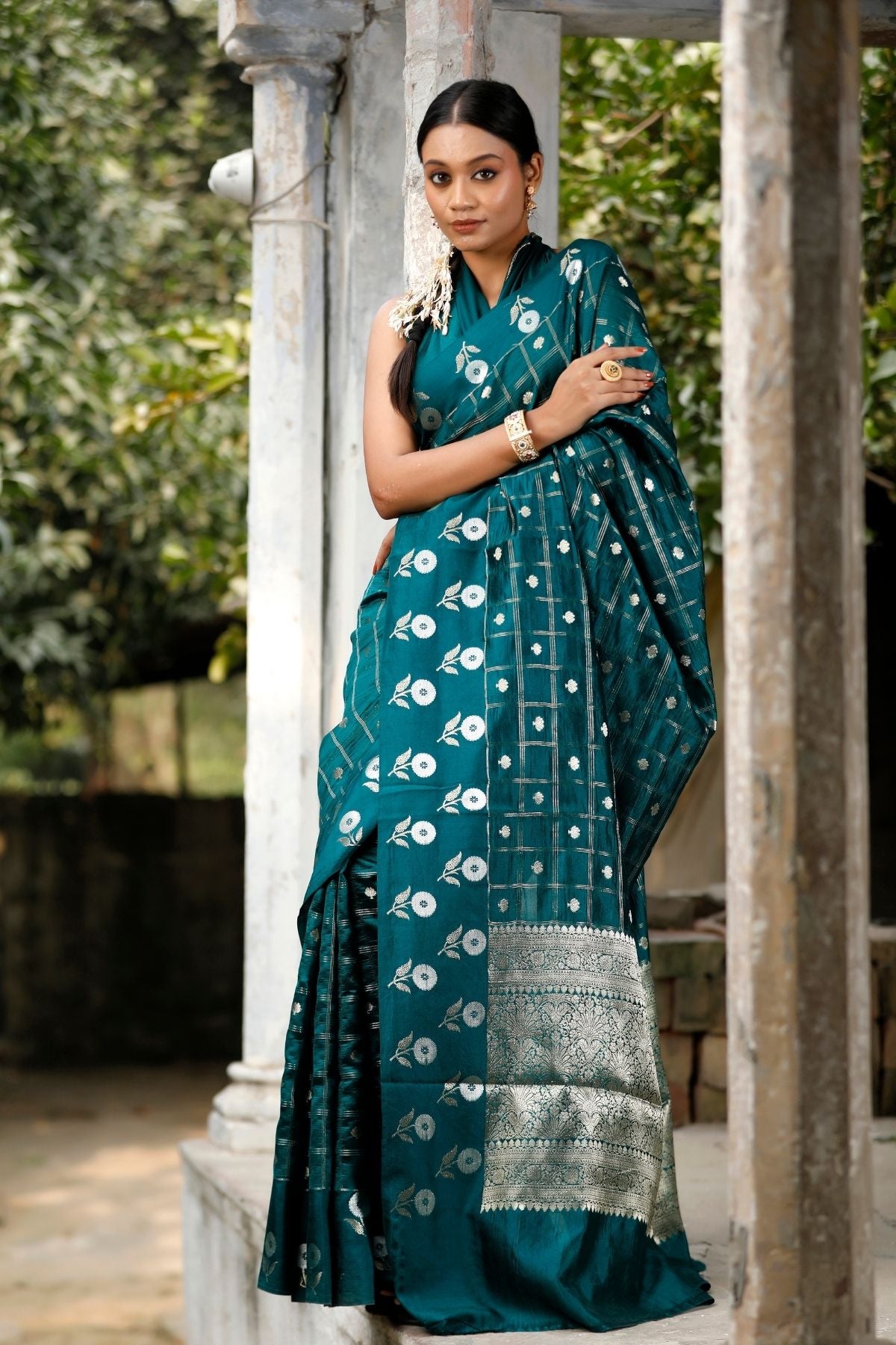 Midnight Green Mango Silk Saree