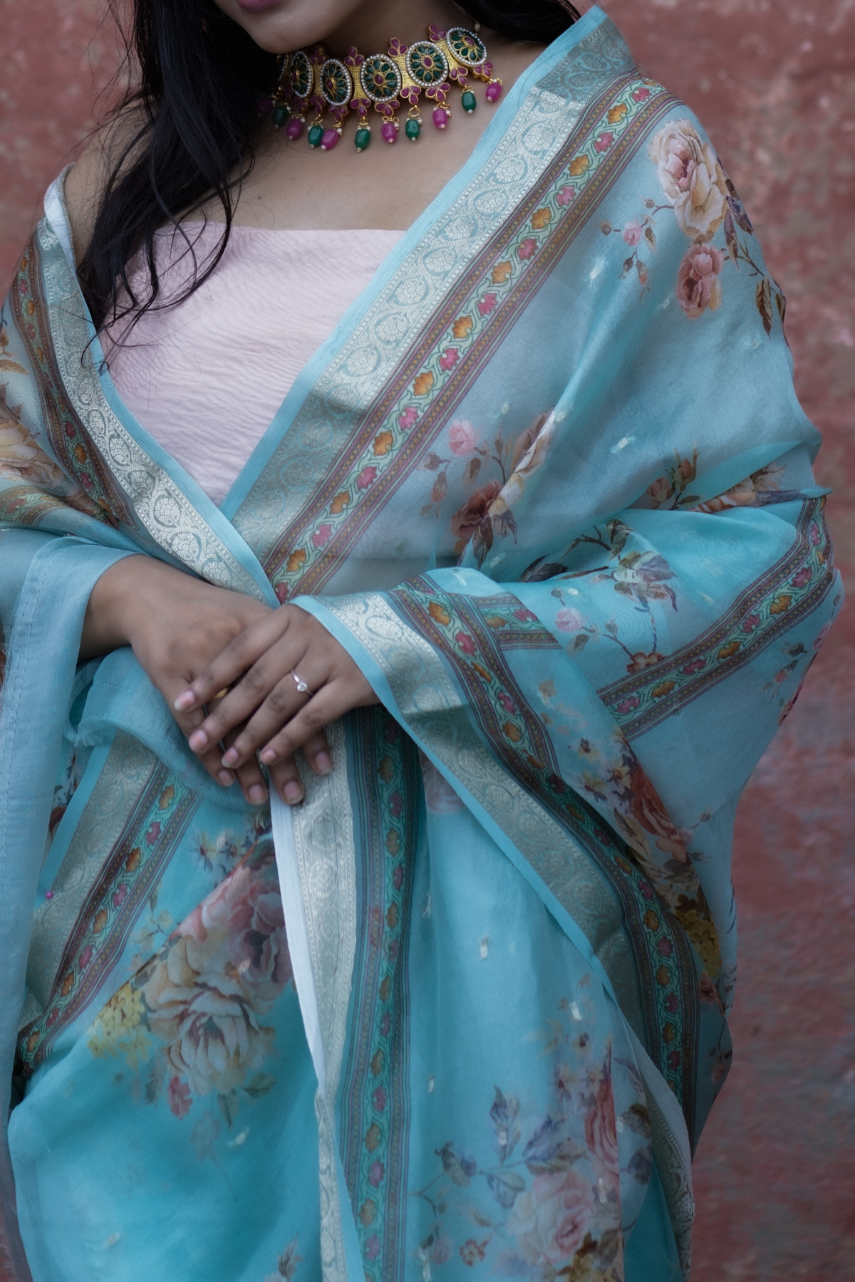 Sky Blue Floral Print Organza Silk Saree