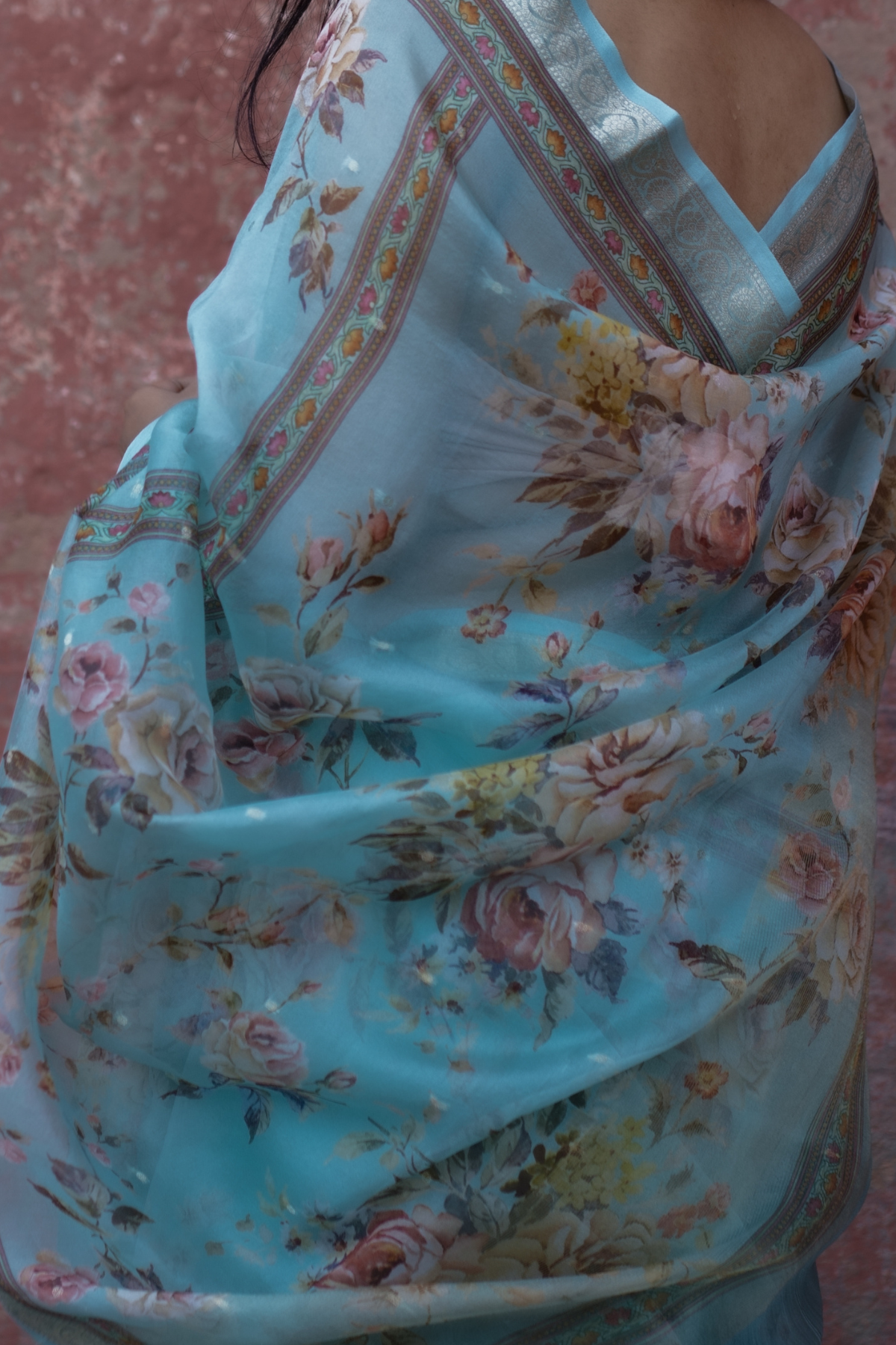 Sky Blue Floral Print Organza Silk Saree