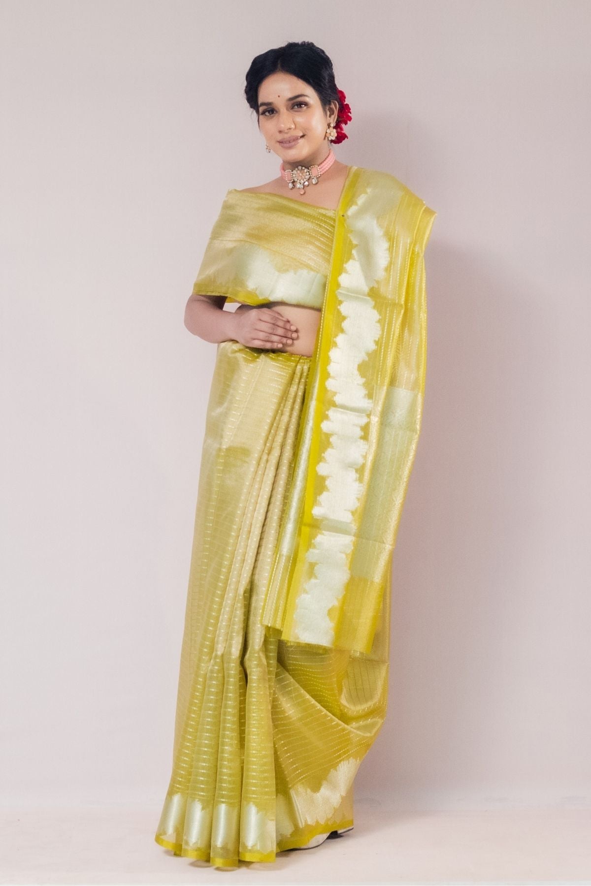 Olive Yellow Tissue Strip Weave  Saree