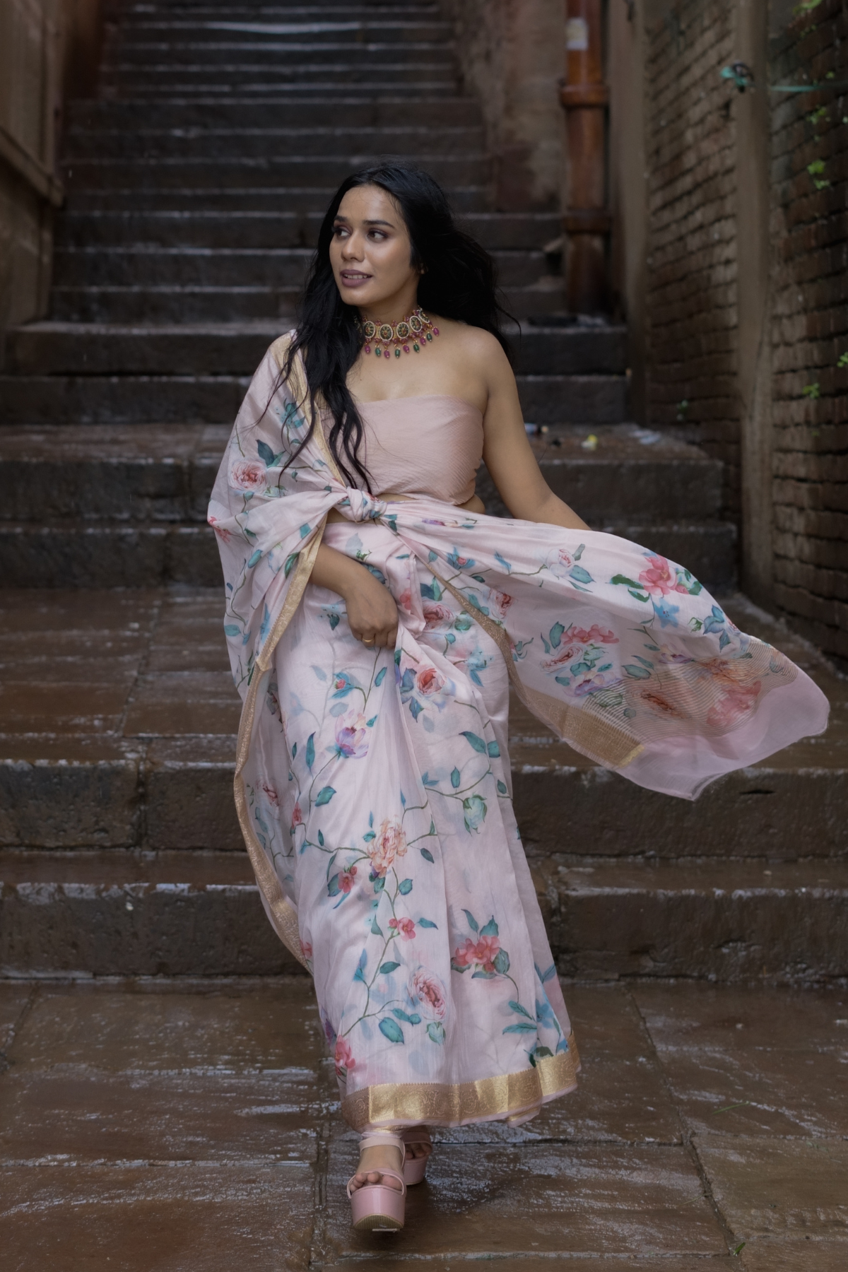 Pink Floral Print Liva Silk Saree