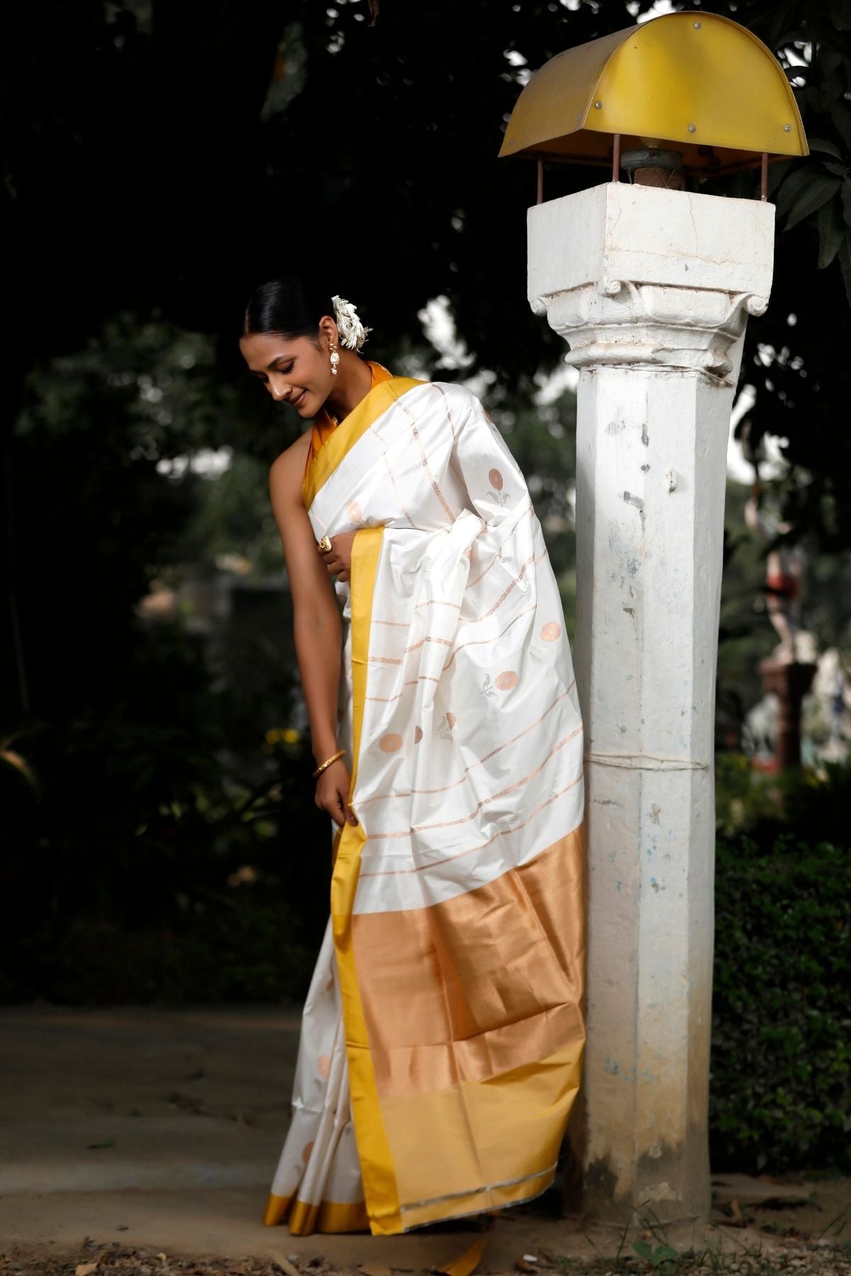 White  Katan Kadwa Silk Saree