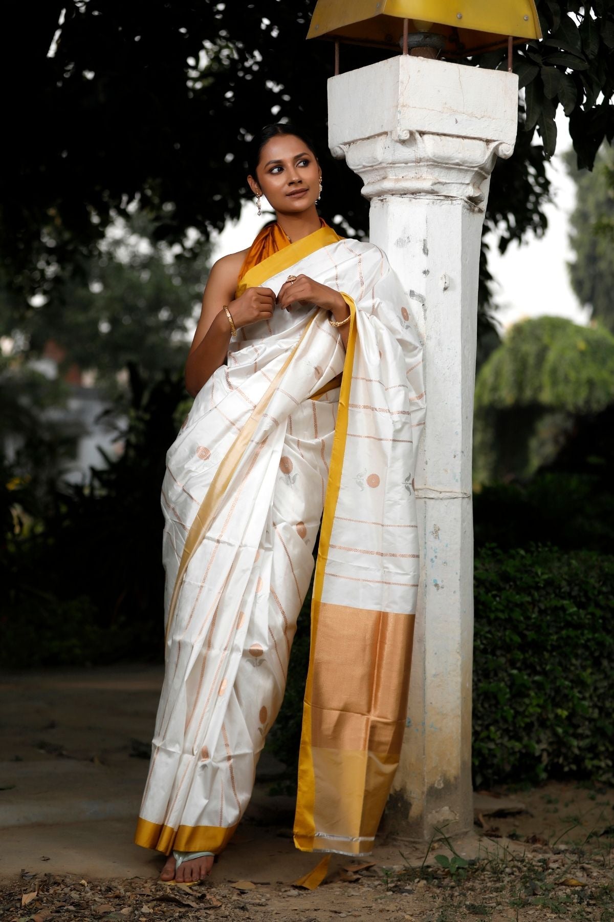 White  Katan Kadwa Silk Saree