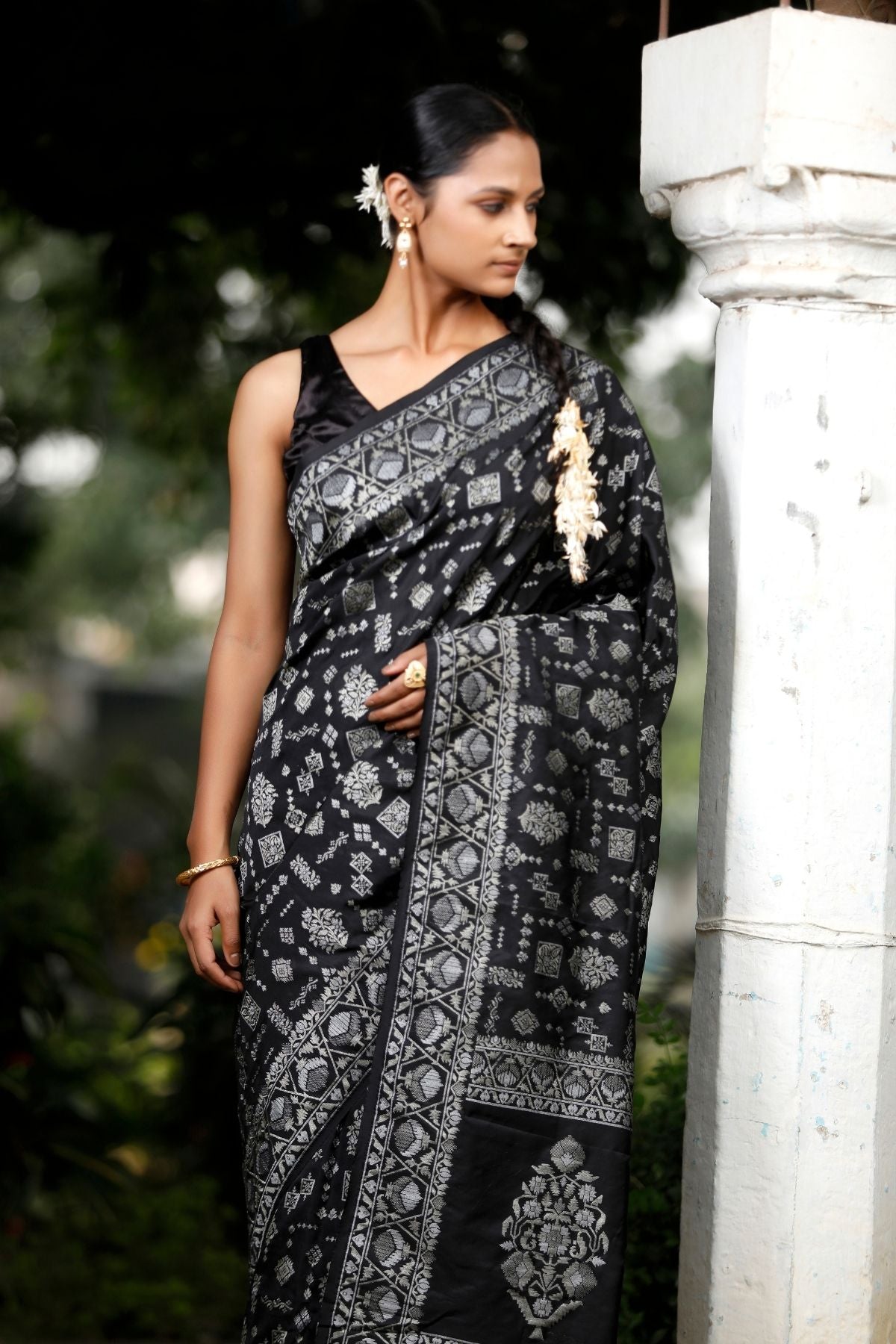 Black Blended Iktara Silk Saree