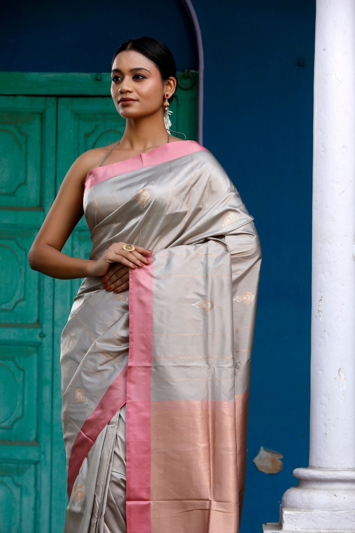 Steel Grey Katan Kadwa silk saree