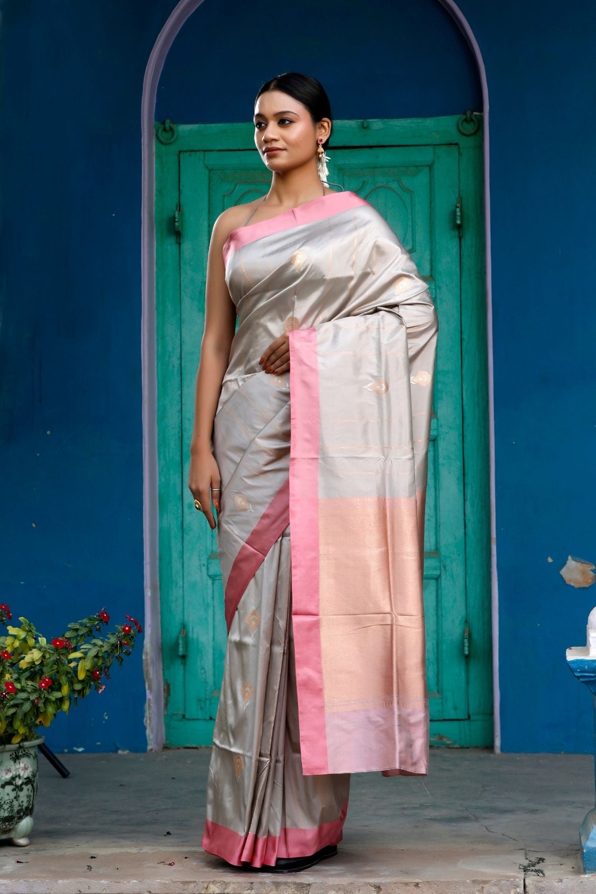 Steel Grey Katan Kadwa silk saree