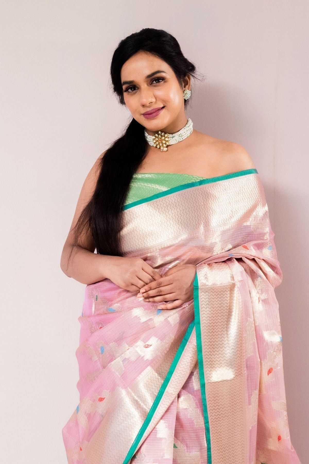 Light Pink Tissue Weave Saree