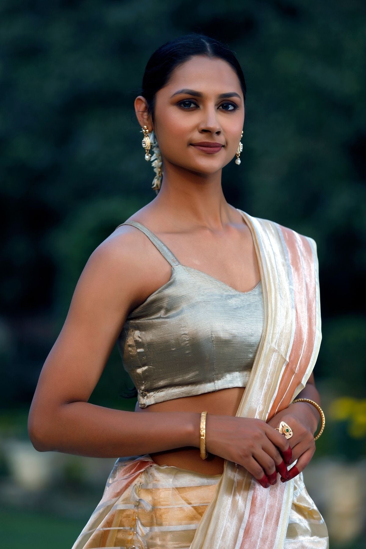 Light Yellow Silver Tissue Strip Silk Saree