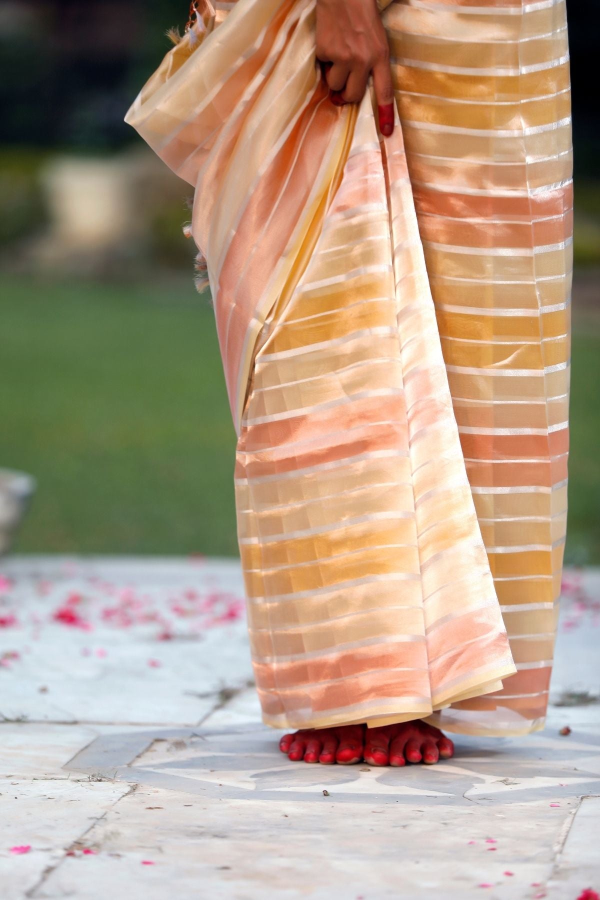 Light Yellow Silver Tissue Strip Silk Saree