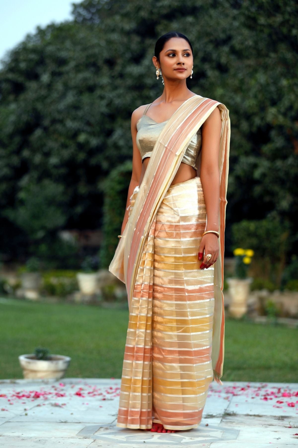 Light Yellow Silver Tissue Strip Silk Saree