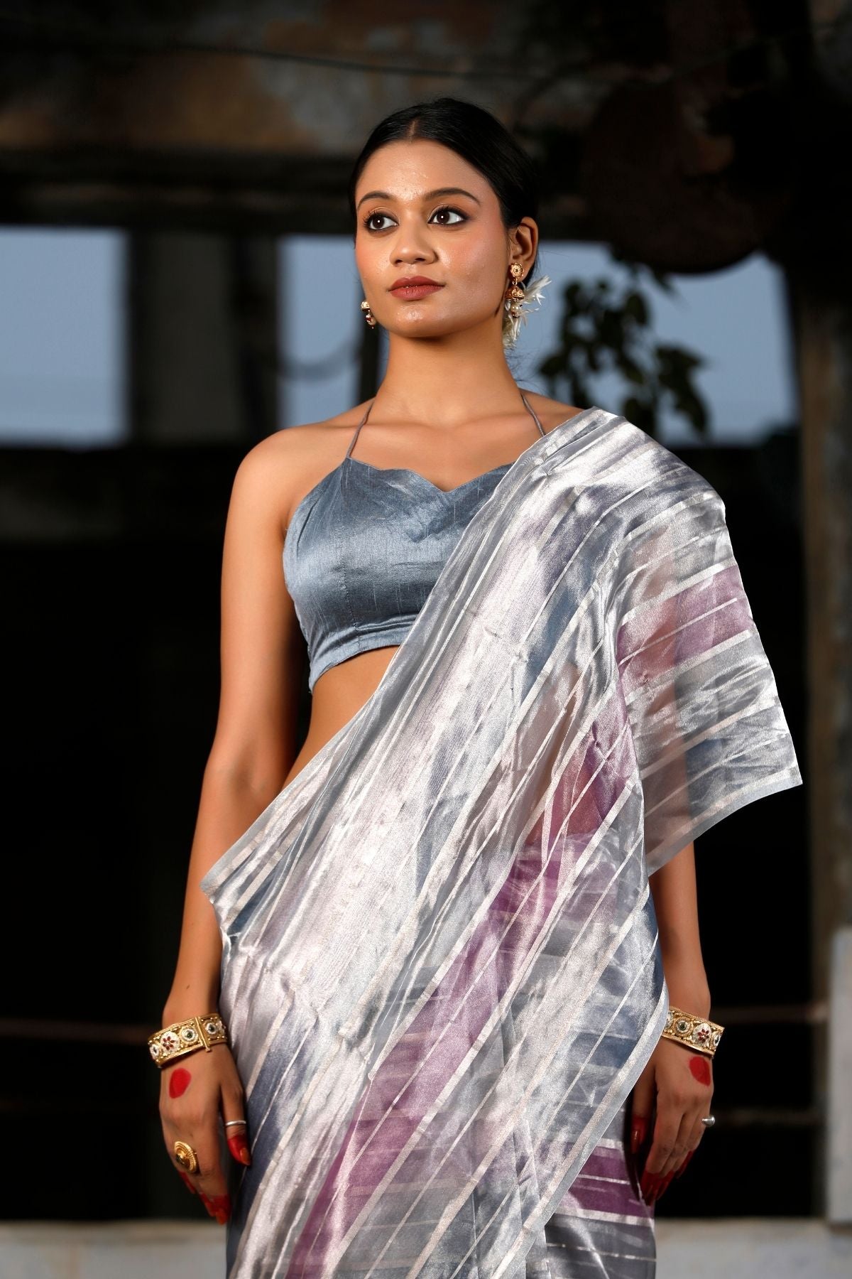 Grey Silver Tissue Strip Silk Saree