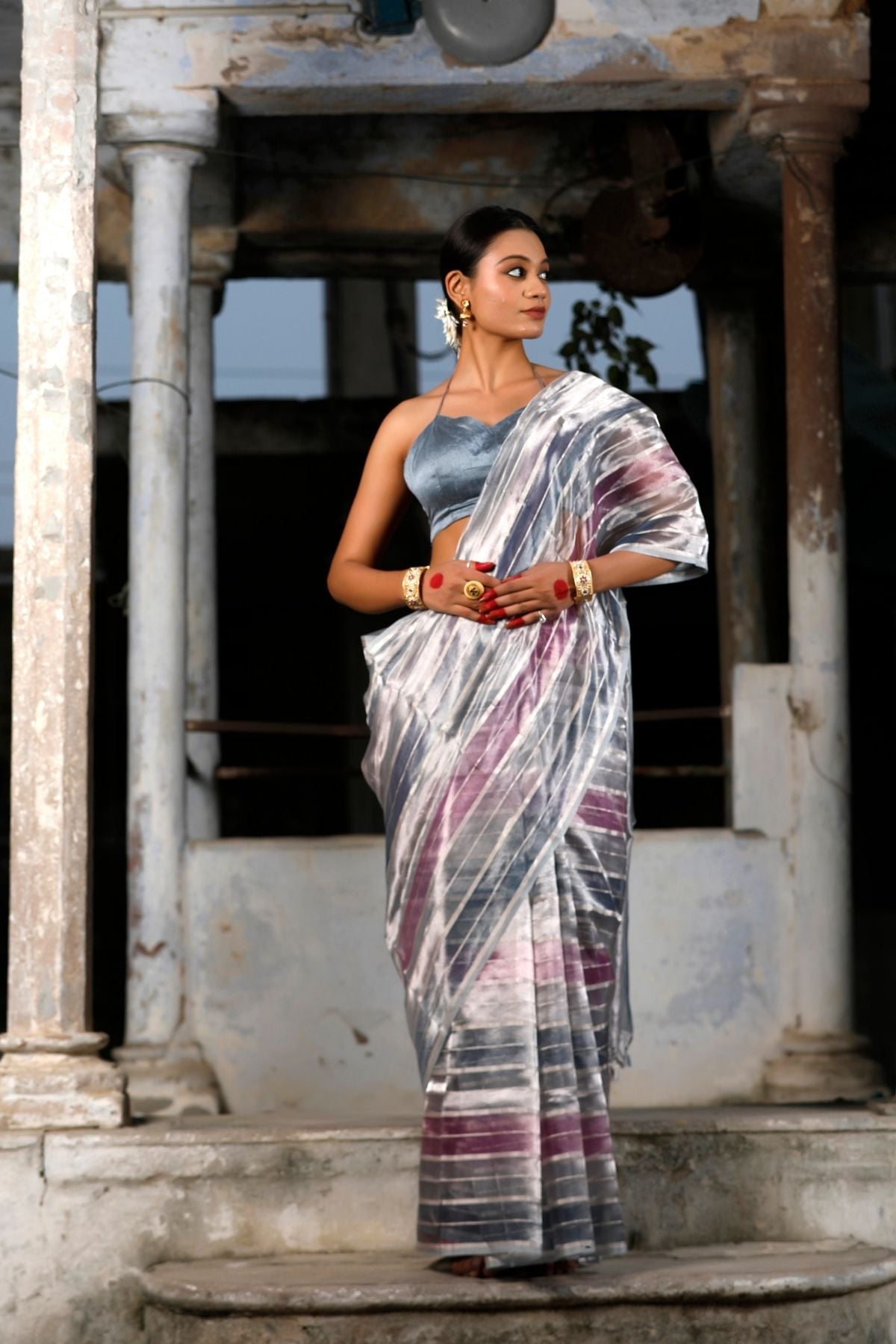 Grey Silver Tissue Strip Silk Saree