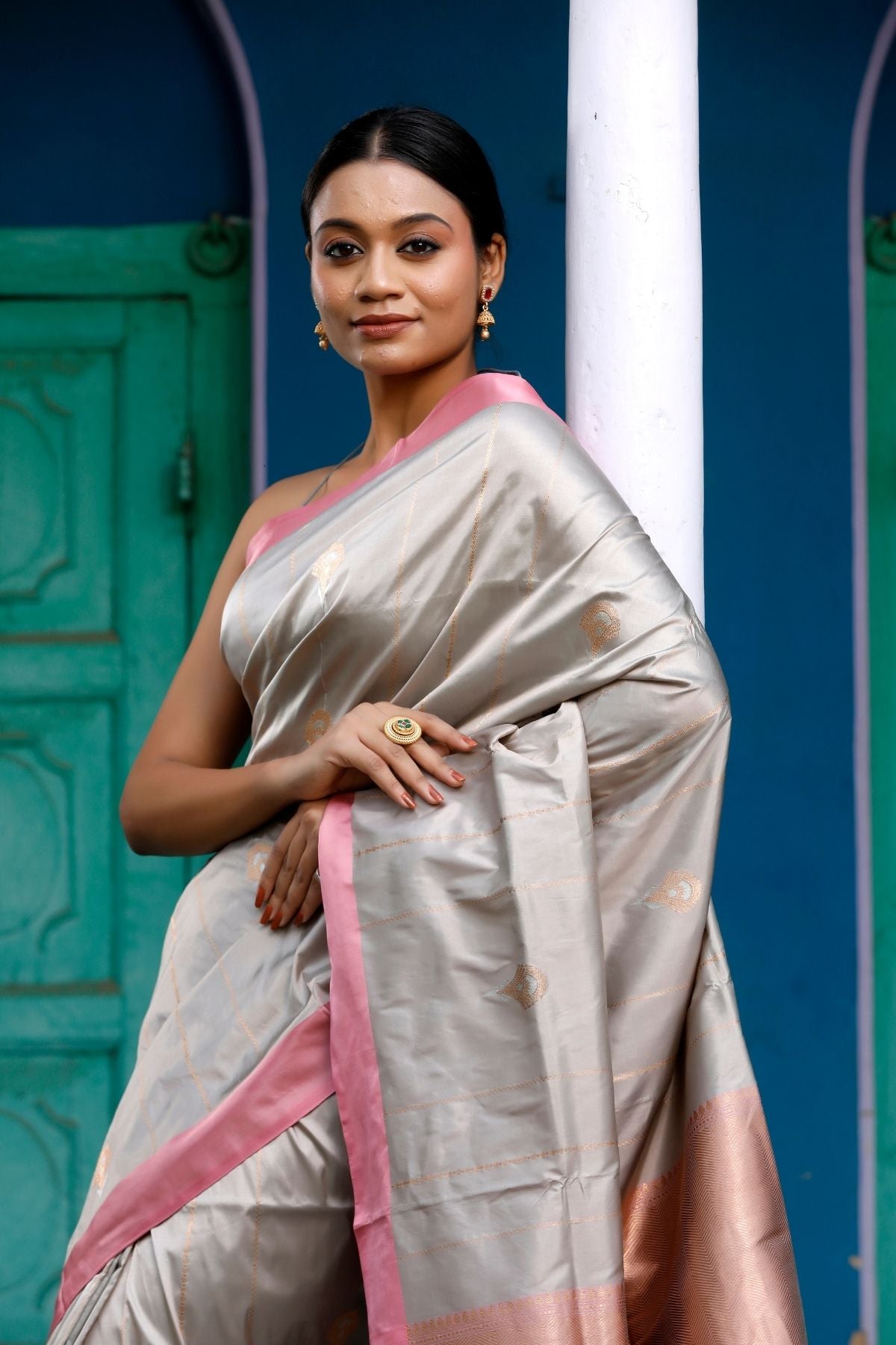 Steel Grey Katan Kadwa silk saree