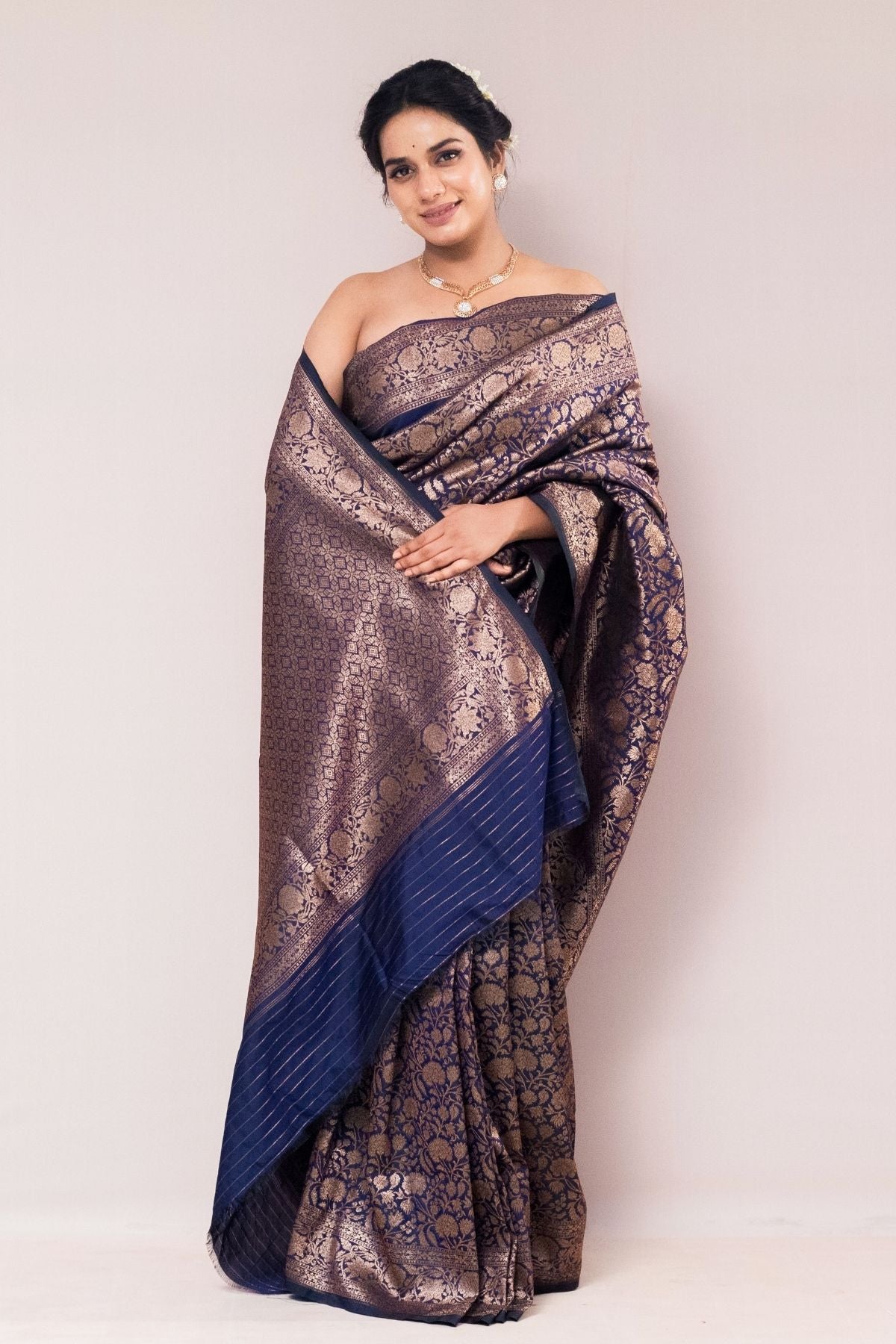 Navy Blue Mushroo Silk Saree