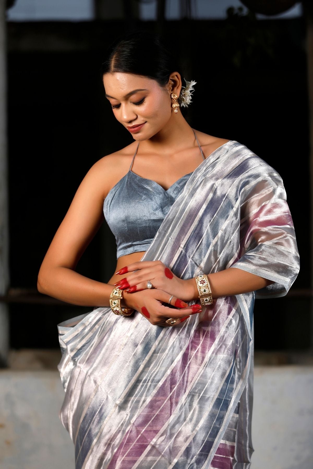 Grey Silver Tissue Strip Silk Saree