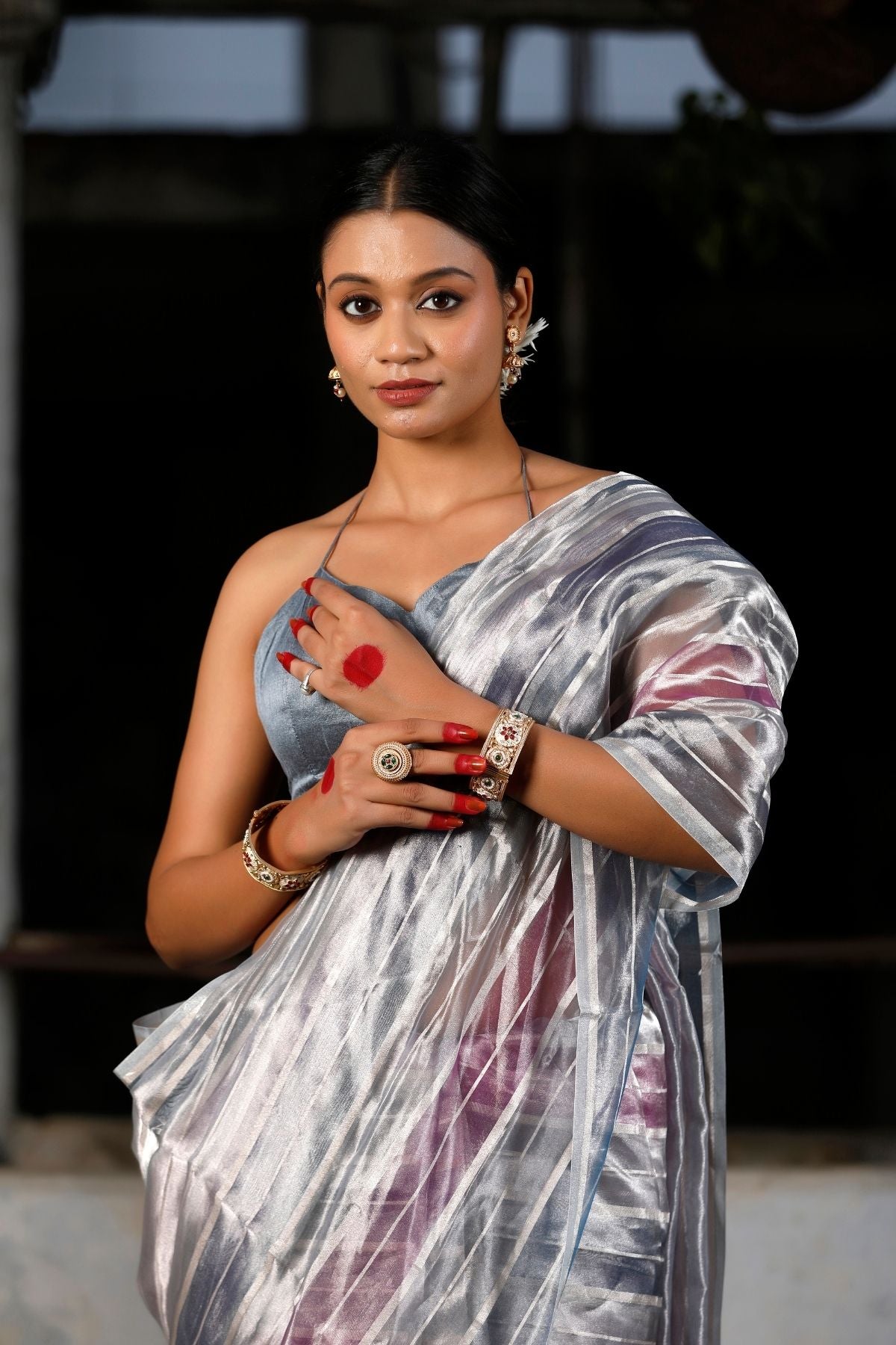 Grey Silver Tissue Strip Silk Saree