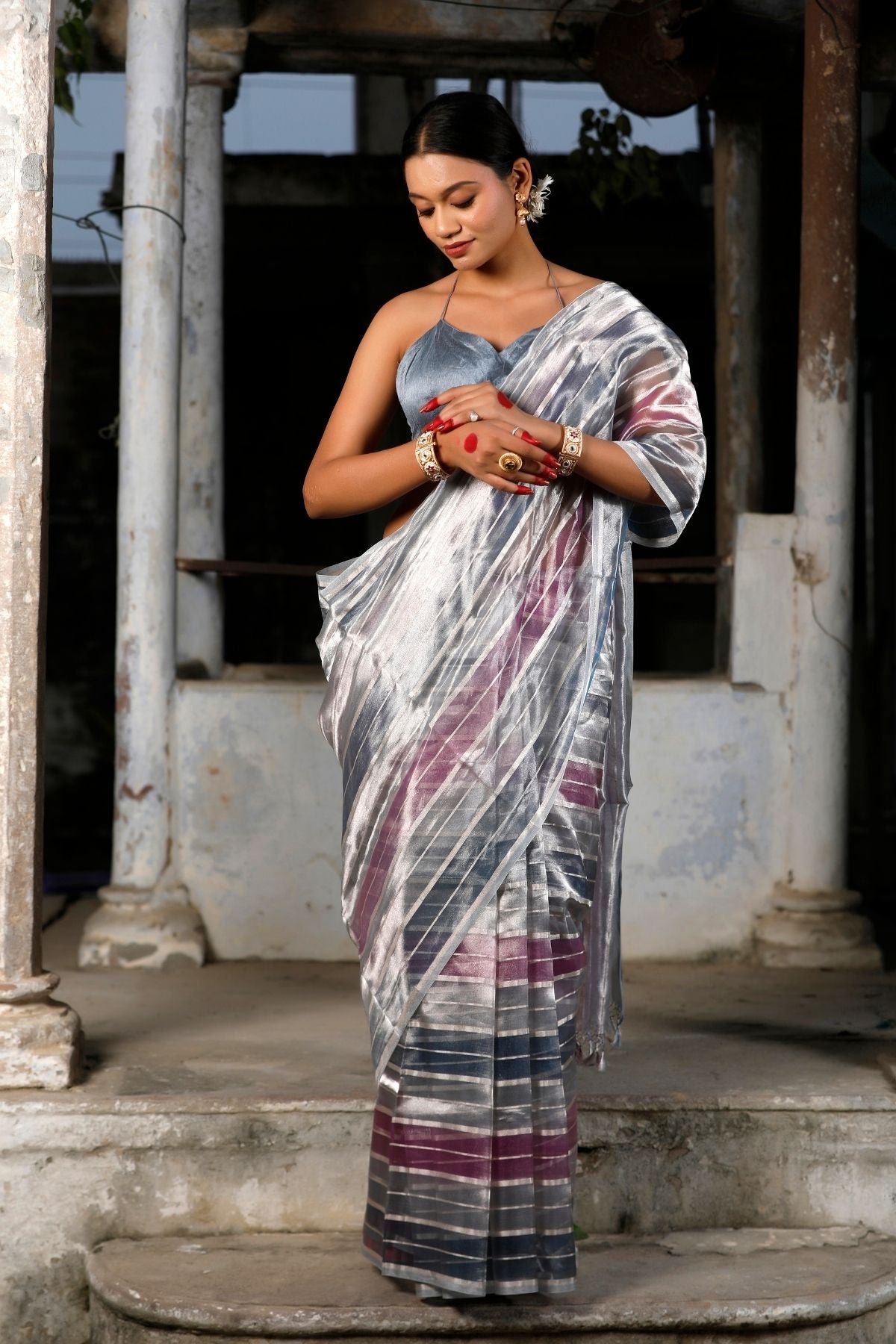 Grey Silver Tissue Strip Silk Saree