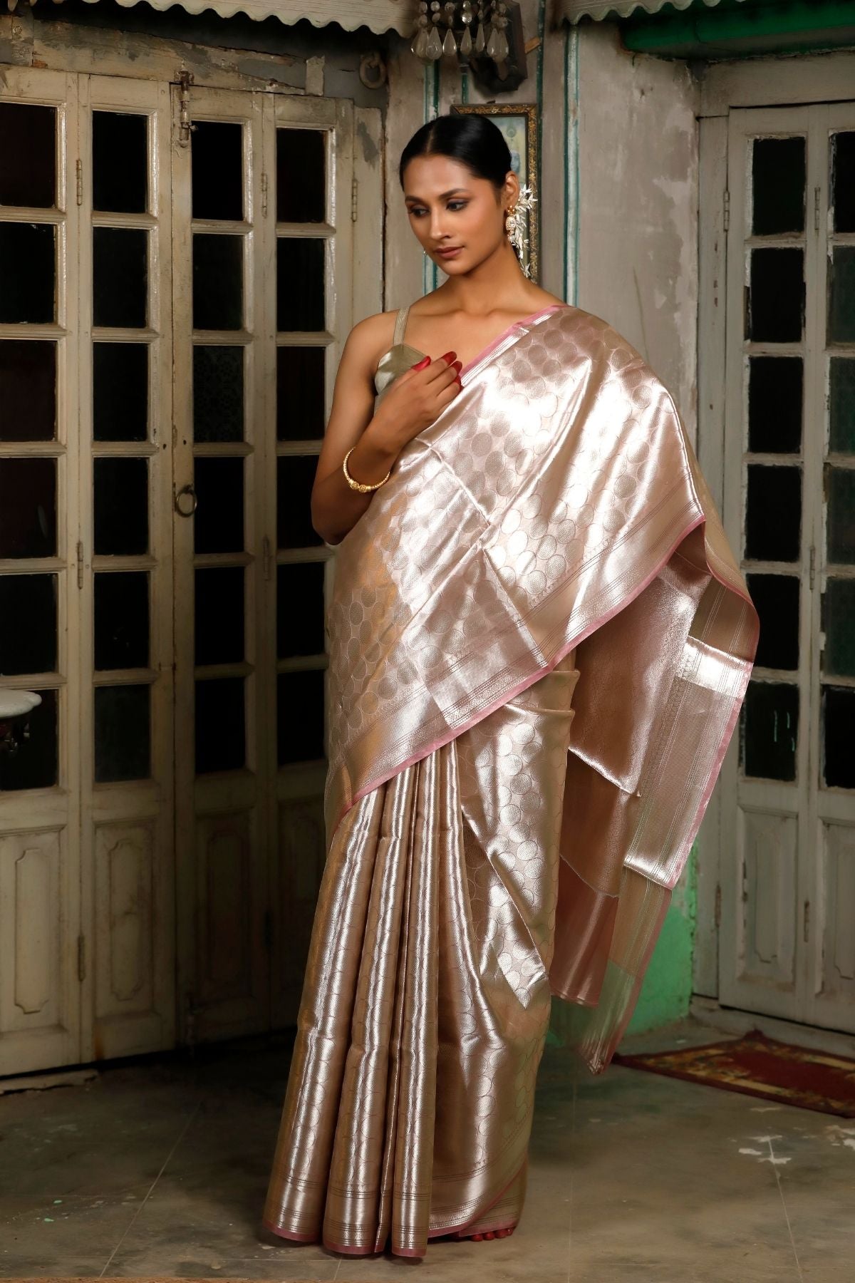 Dusty Pink Silver Tissue Silk Saree