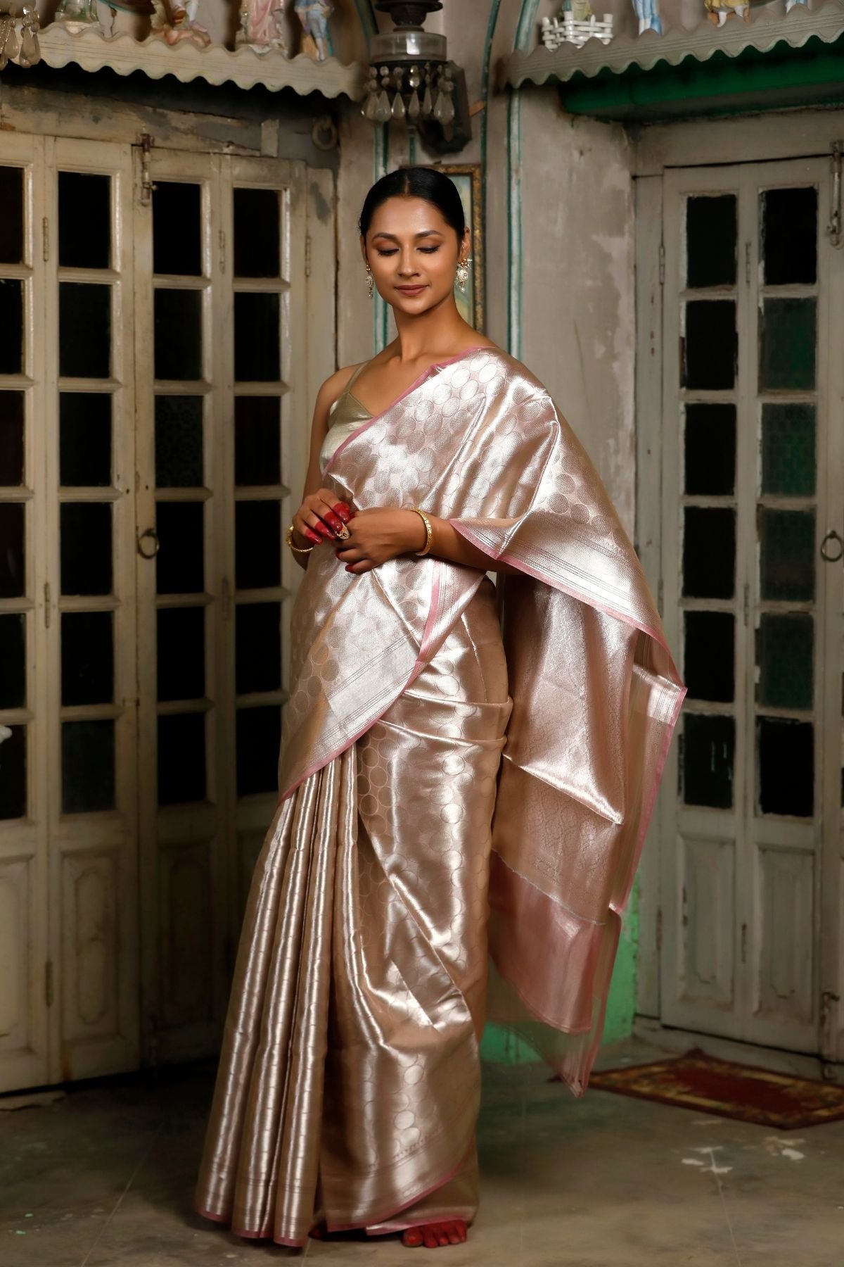 Dusty Pink Silver Tissue Silk Saree