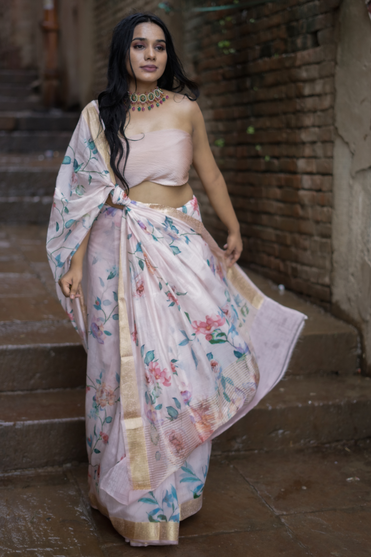 Pink Floral Print Liva Silk Saree