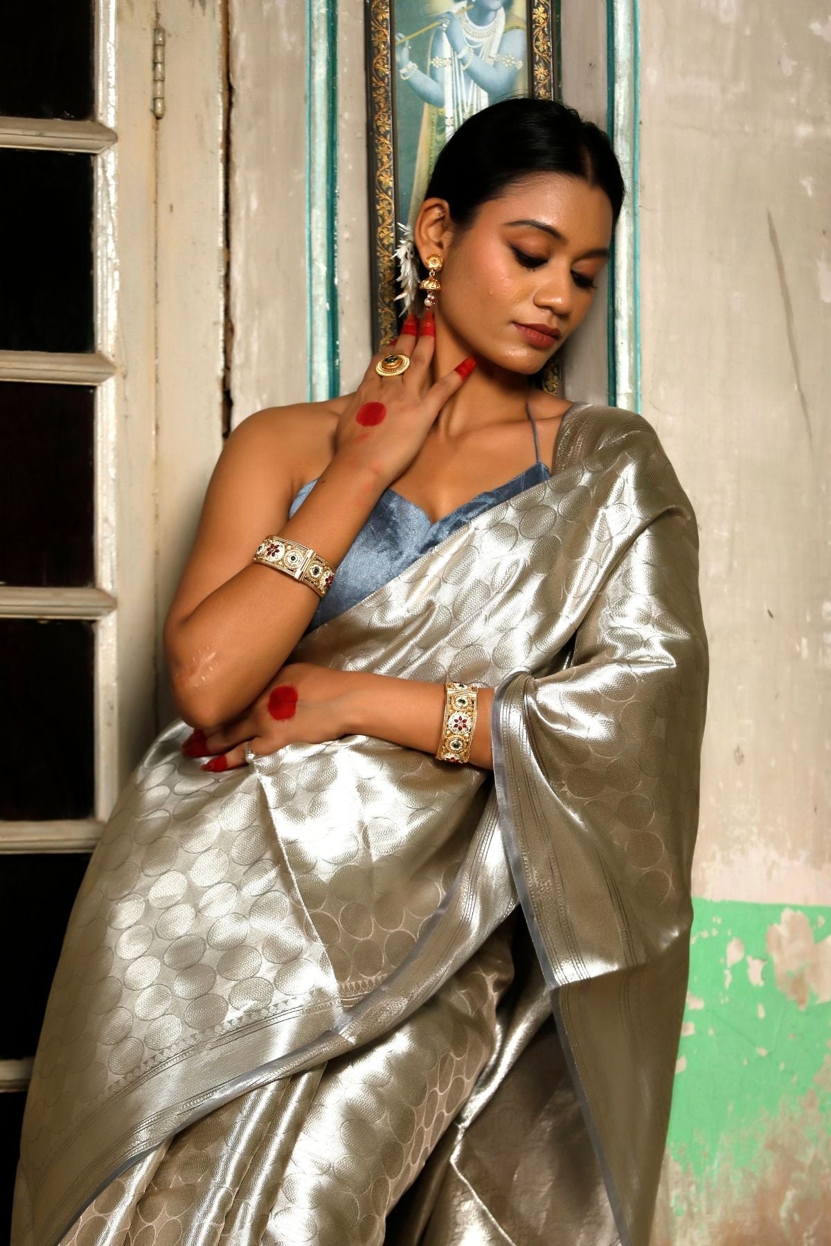 Dusty Blue Silver Tissue Silk Saree