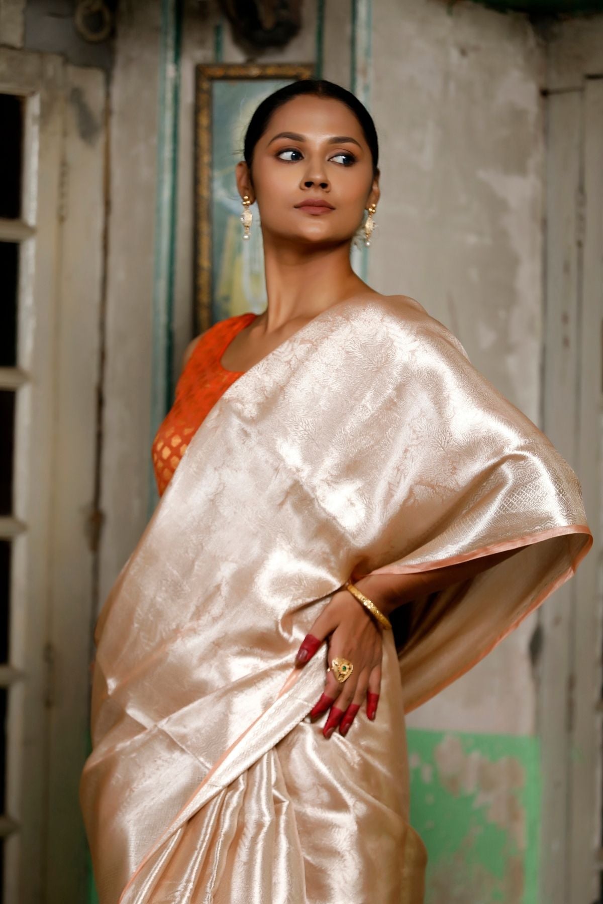 Peach Brocade Tissue Silk Saree