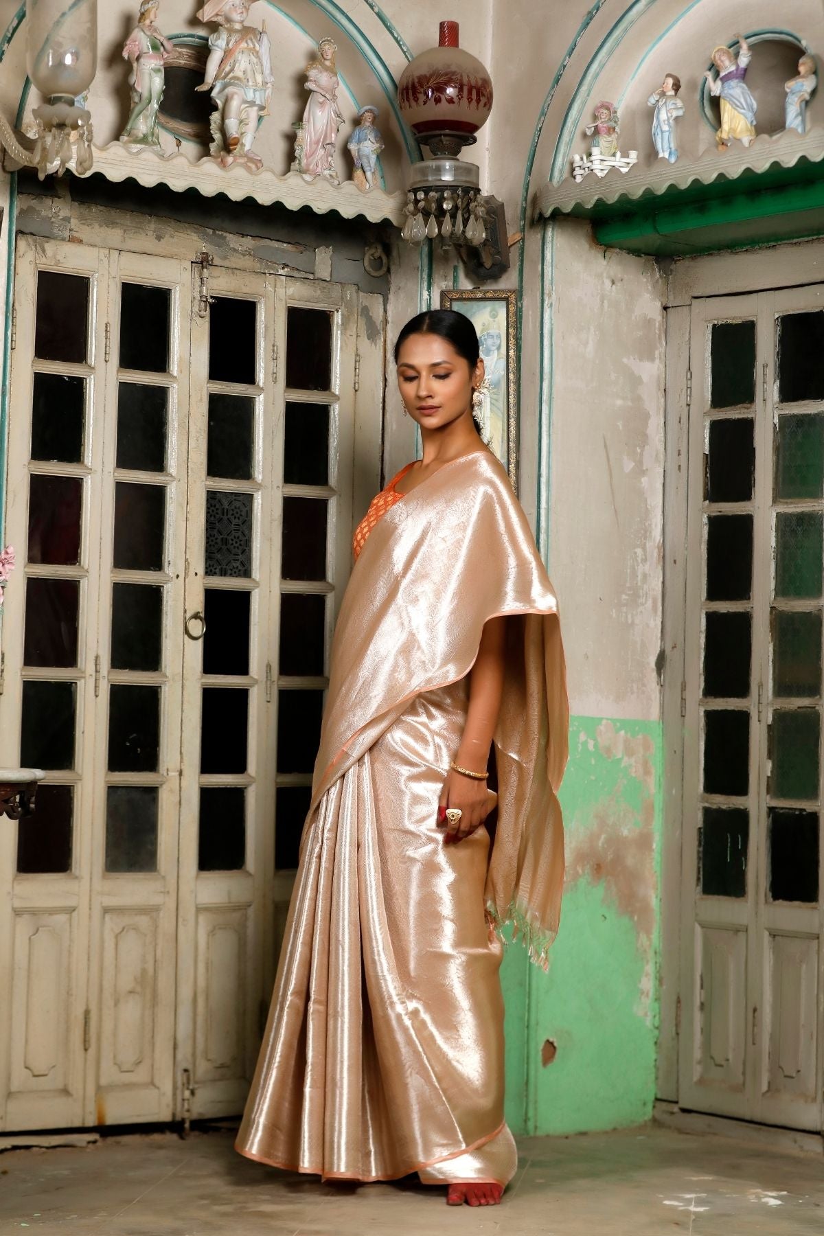 Peach Brocade Tissue Silk Saree